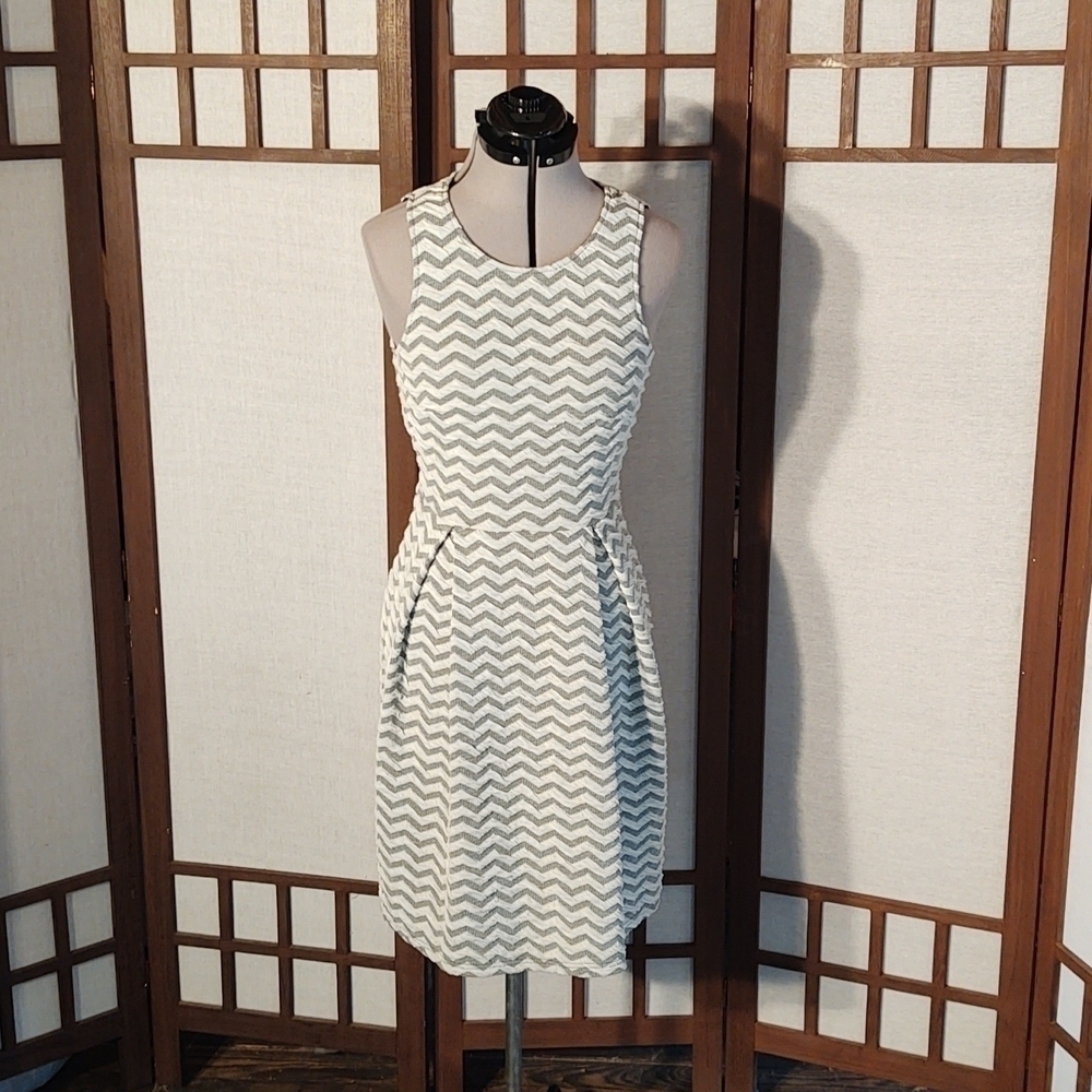 41 Hawthorn Gray and White Chevron Patterns Textured Dress Sz S
